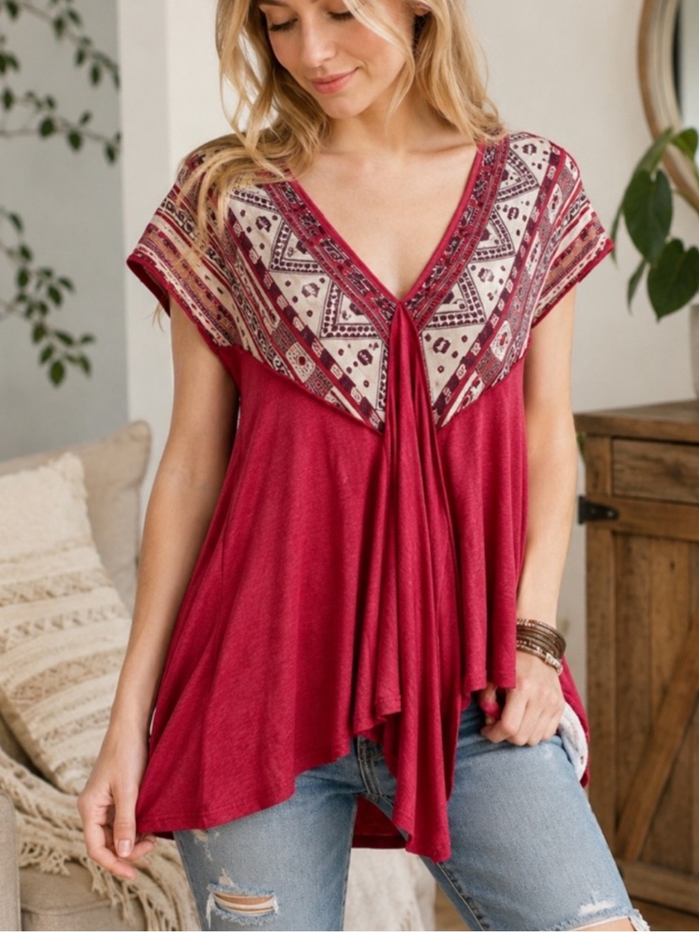 FREE PEOPLE We The Free Boho Red Tunic Top Festival Swing Aztec Gauze XS